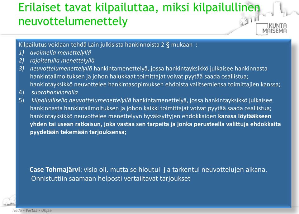 hankintasopimuksen ehdoista valitsemiensa toimittajien kanssa; 4) suorahankinnalla 5) kilpailullisella neuvottelumenettelyllä hankintamenettelyä, jossa hankintayksikkö julkaisee hankinnasta