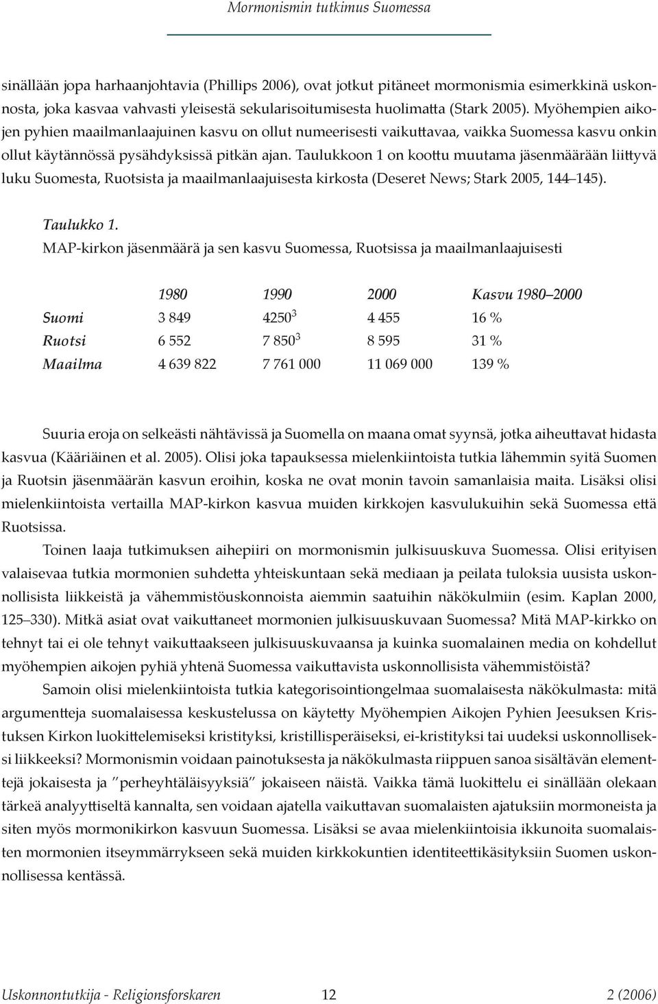 Taulukkoon 1 on koottu muutama jäsenmäärään liittyvä luku Suomesta, Ruotsista ja maailmanlaajuisesta kirkosta (Deseret News; Stark 2005, 144 145). Taulukko 1.