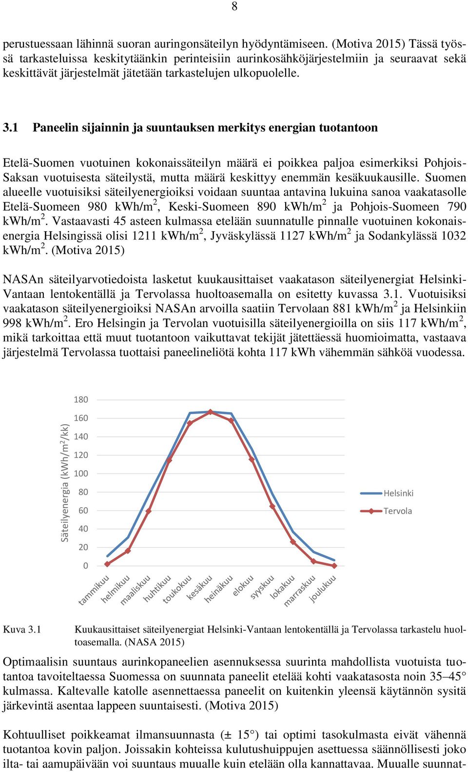 1 Paneelin sijainnin ja suuntauksen merkitys energian tuotantoon Etelä-Suomen vuotuinen kokonaissäteilyn määrä ei poikkea paljoa esimerkiksi Pohjois- Saksan vuotuisesta säteilystä, mutta määrä