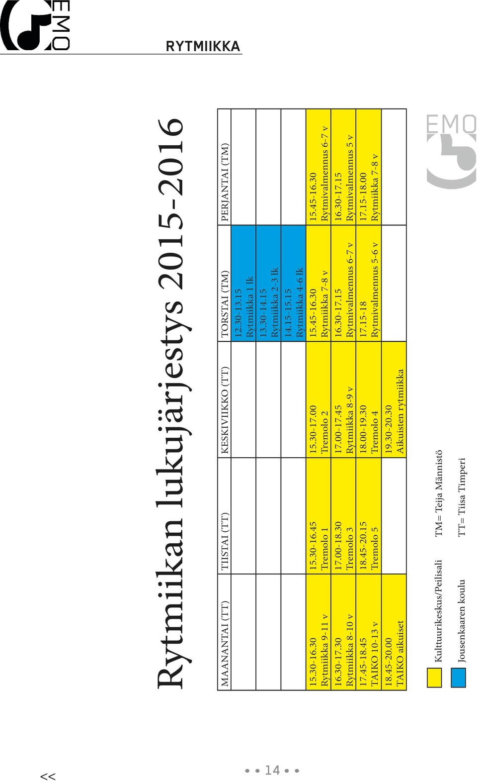 30-17.00 Tremolo 2 17.00-17.45 Rytmiikka 8-9 v 18.00-19.30 Tremolo 4 19.30-20.30 Aikuisten rytmiikka 15.45-16.30 Rytmiikka 7-8 v 16.30-17.15 Rytmivalmennus 6-7 v 17.