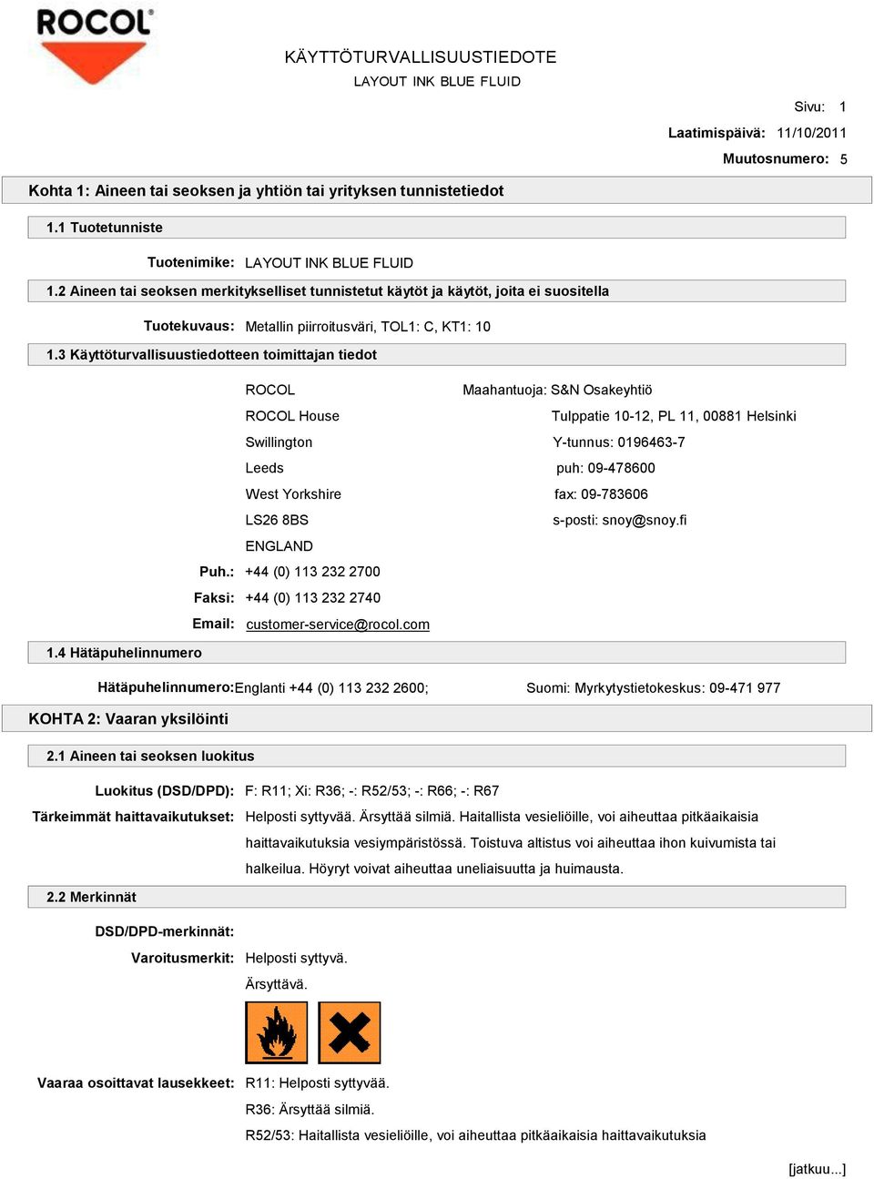 3 Käyttöturvallisuustiedotteen toimittajan tiedot ROCOL Maahantuoja: S&N Osakeyhtiö ROCOL House Tulppatie 10-12, PL 11, 00881 Helsinki Swillington Y-tunnus: 0196463-7 Leeds puh: 09-478600 West