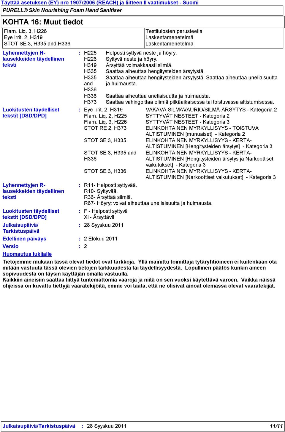 tekstit [DSD/DPD] Julkaisupäivä/ Tarkistuspäivä Edellinen päiväys Versio Huomautus lukijalle H225 H226 H319 H335 H335 and H336 H336 H373 R11 Helposti syttyvää. R10 Syttyvää. R36 Ärsyttää silmiä.