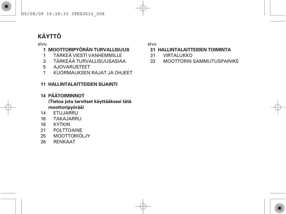 31 VIRTALUKKO 32 MOOTTORIN SAMMUTUSPAINIKE 11 HALLINTALAITTEIDEN SIJAINTI 14 14 16 18 21 25 26 PÄÄTOIMINNOT