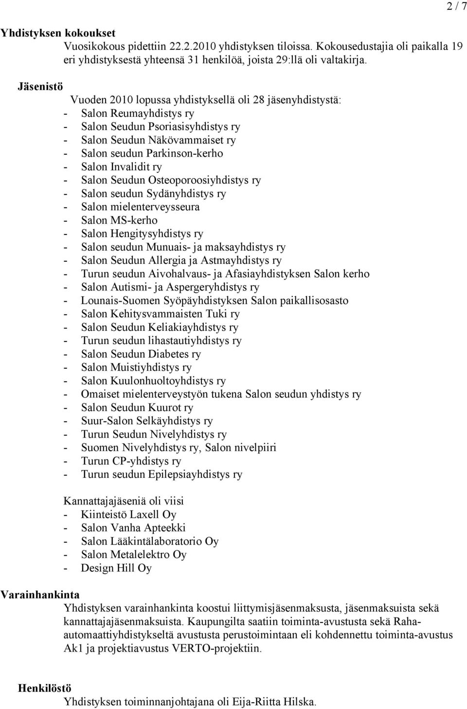 Invalidit ry - Salon Seudun Osteoporoosiyhdistys ry - Salon seudun Sydänyhdistys ry - Salon mielenterveysseura - Salon MS-kerho - Salon Hengitysyhdistys ry - Salon seudun Munuais- ja maksayhdistys ry