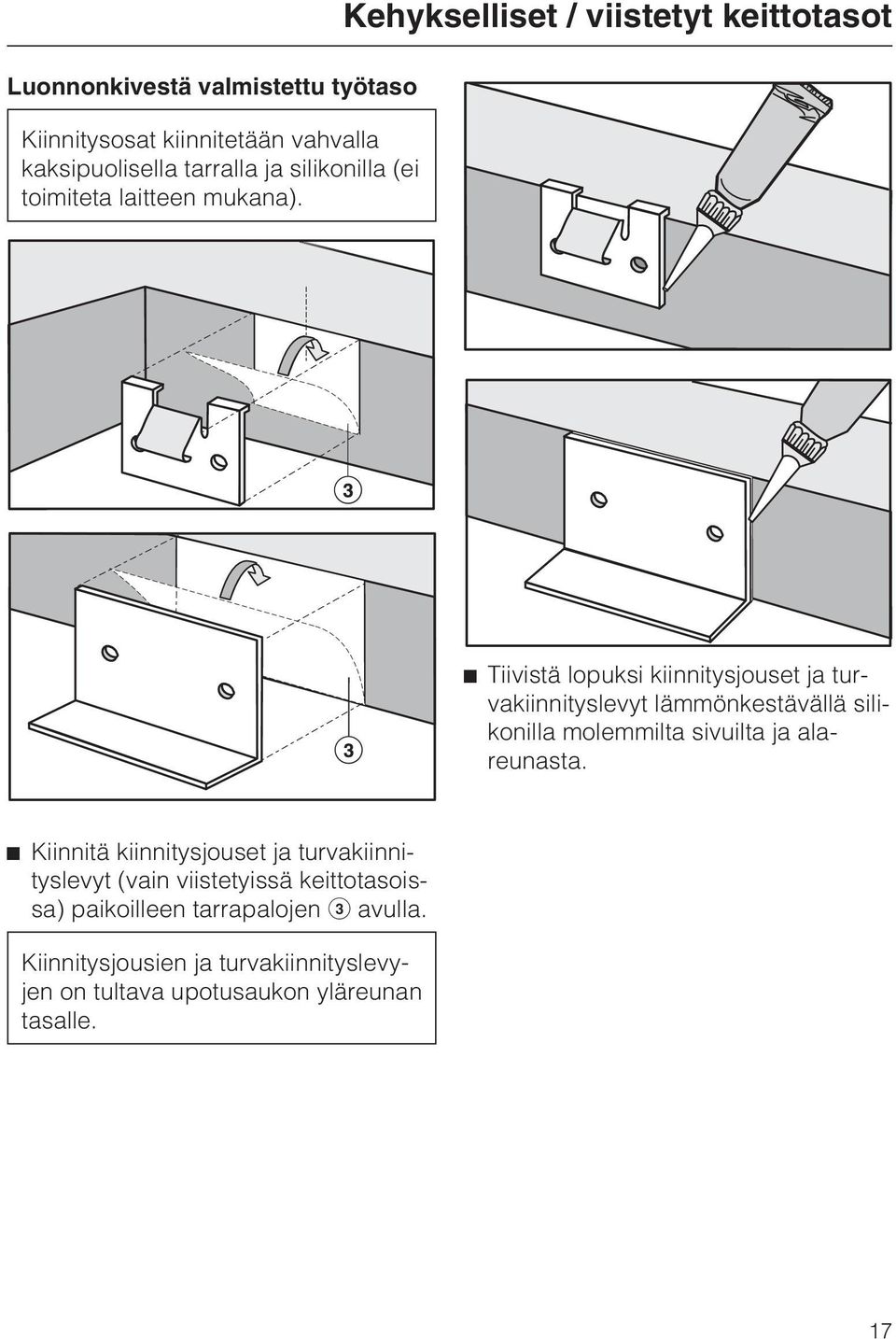 Kehykselliset / viistetyt keittotasot Tiivistä lopuksi kiinnitysjouset ja turvakiinnityslevyt lämmönkestävällä silikonilla