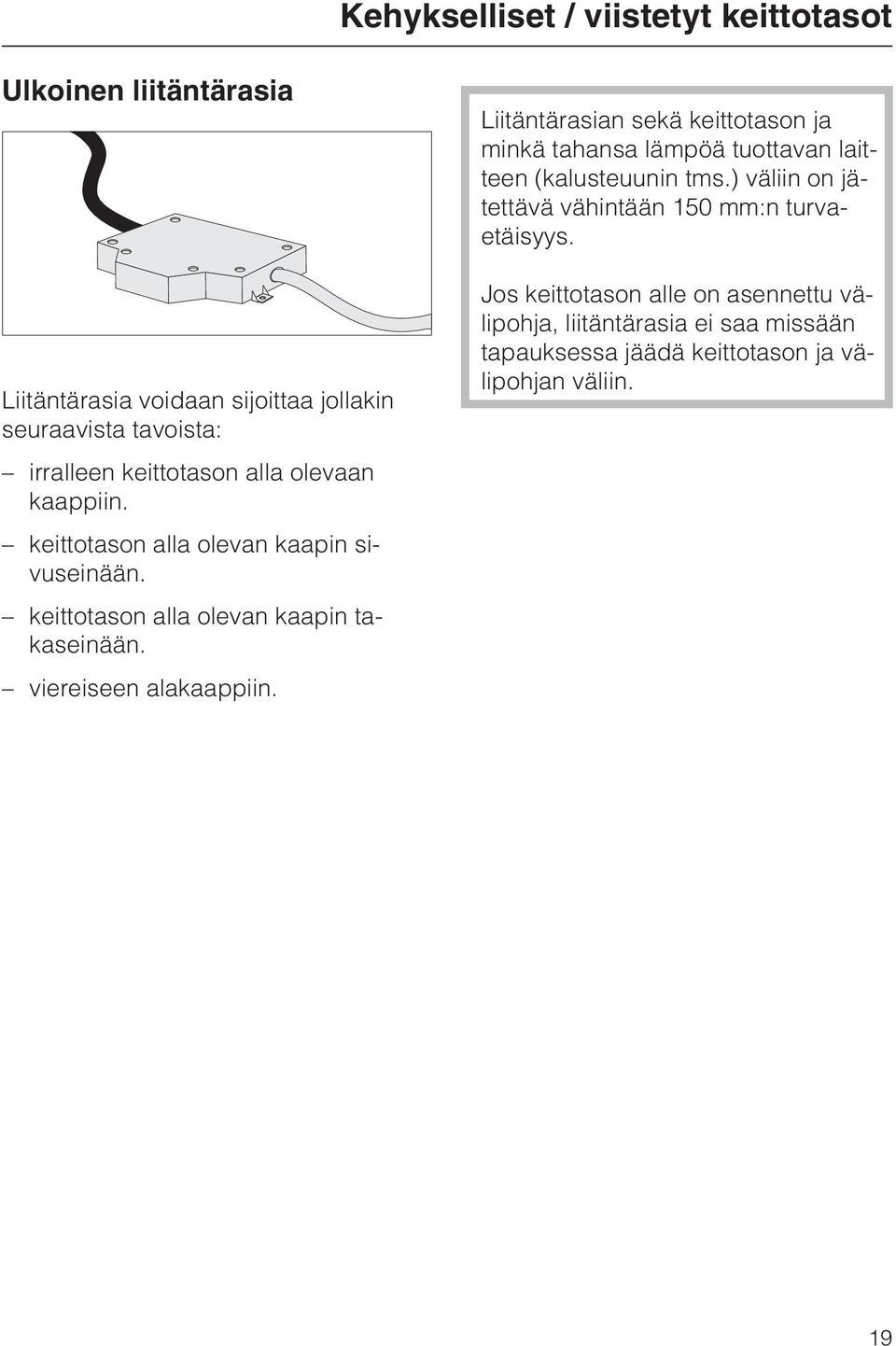 Liitäntärasian sekä keittotason ja minkä tahansa lämpöä tuottavan laitteen (kalusteuunin tms.