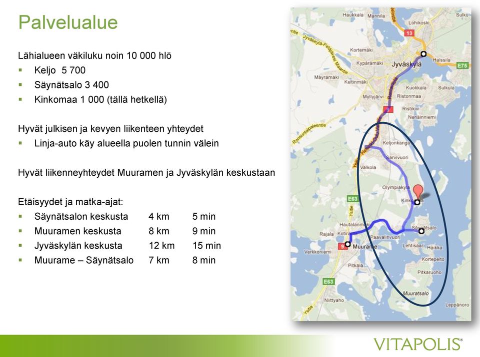 Hyvät liikenneyhteydet Muuramen ja Jyväskylän keskustaan Etäisyydet ja matka-ajat: Säynätsalon