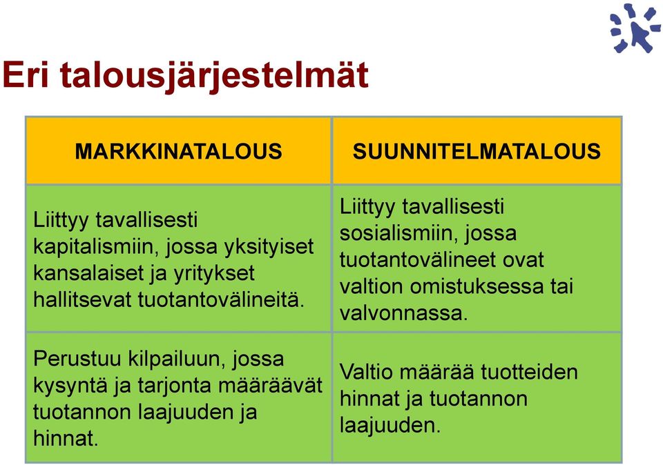 Perustuu kilpailuun, jossa kysyntä ja tarjonta määräävät tuotannon laajuuden ja hinnat.