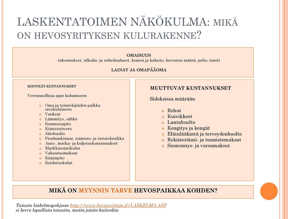 sivukuluineen Vuokrat Lämmitys, sähkö Kunnossapito Kiinteistövero Jätehuolto Pienhankinnat, toimisto- ja tietotekniikka Auto-, matka- ja kuljetuskustannukset Markkinointikulut Vakuutusmaksut