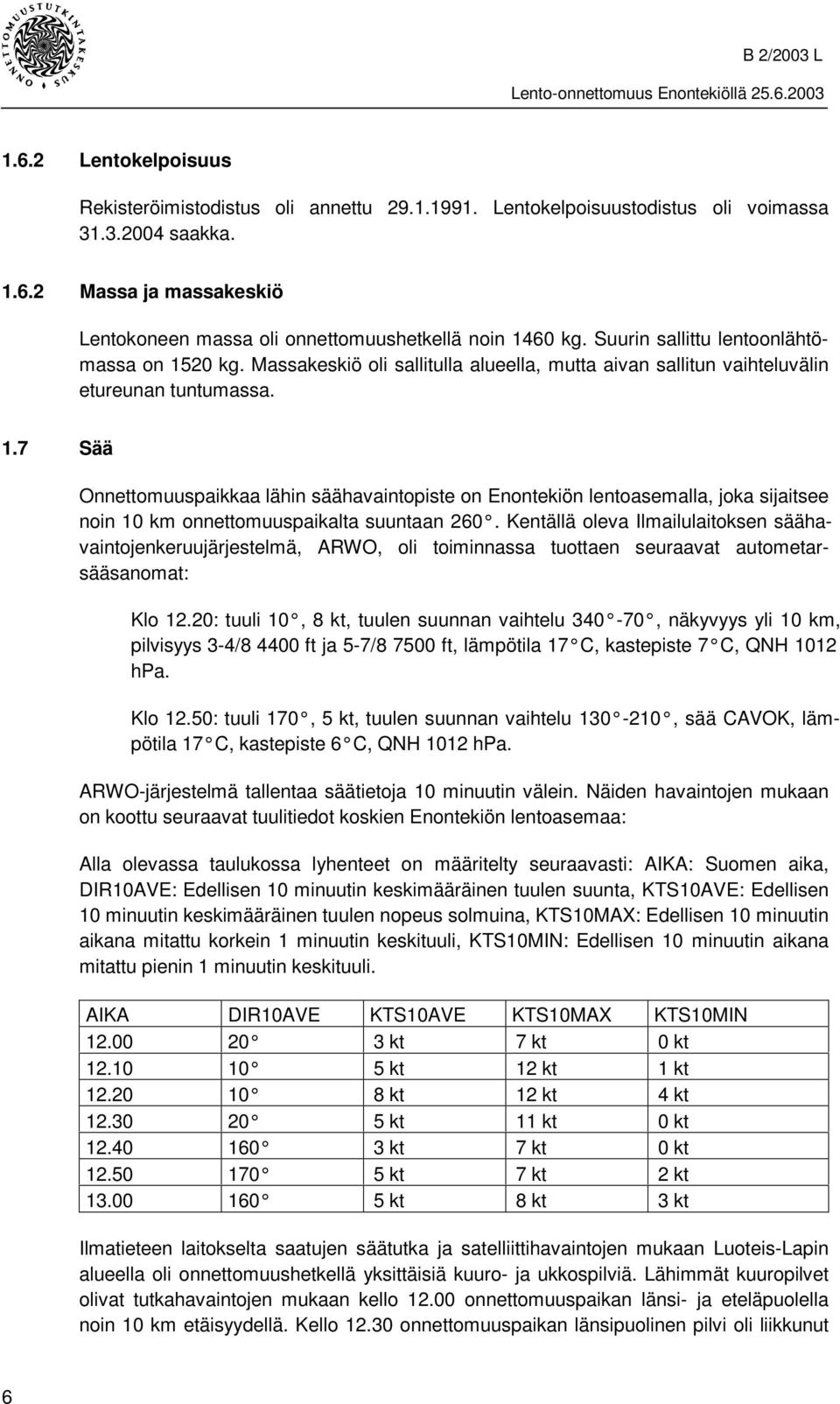 Kentällä oleva Ilmailulaitoksen säähavaintojenkeruujärjestelmä, ARWO, oli toiminnassa tuottaen seuraavat autometarsääsanomat: Klo 12.