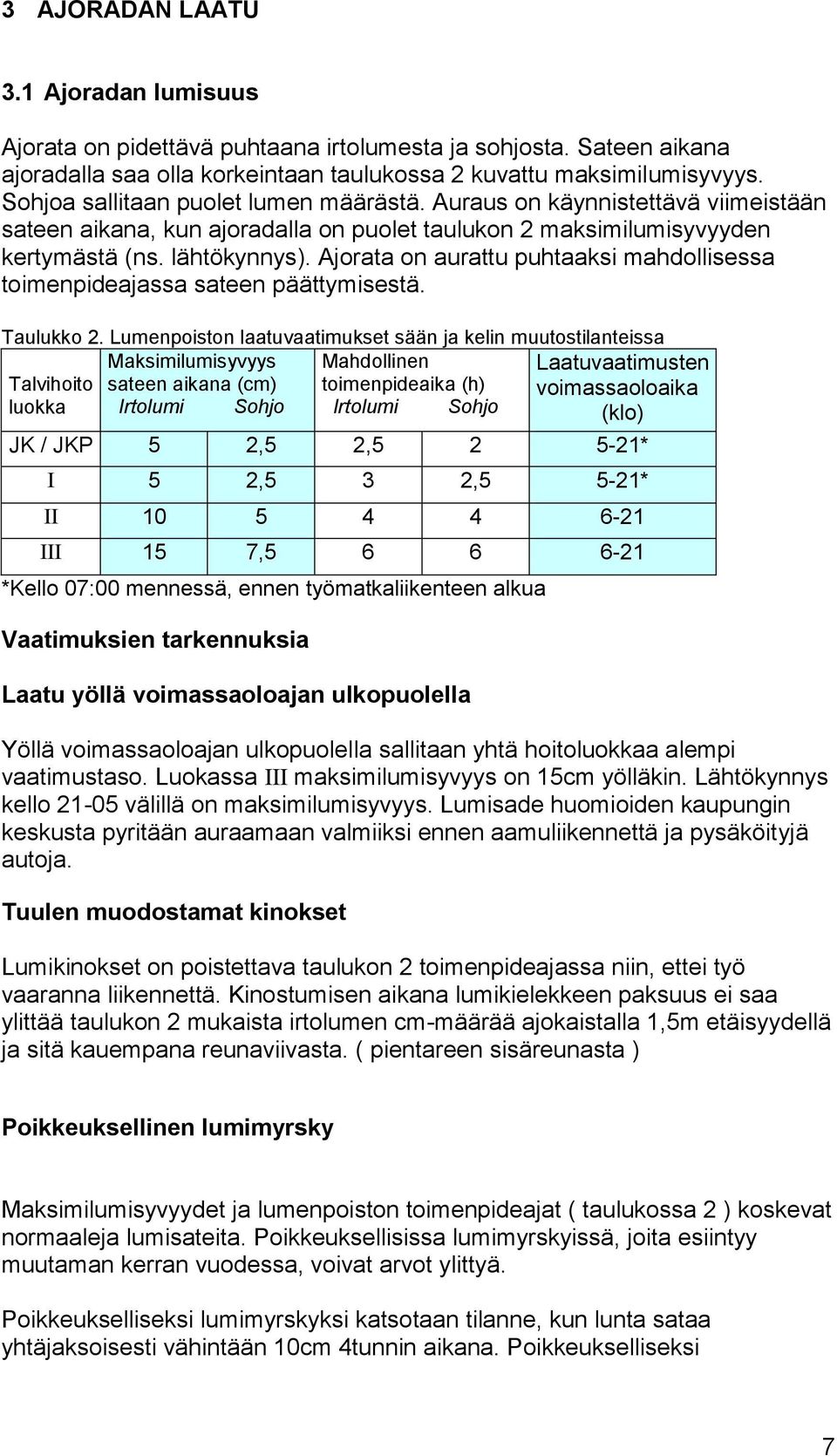 Ajorata on aurattu puhtaaksi mahdollisessa toimenpideajassa sateen päättymisestä. Taulukko 2.