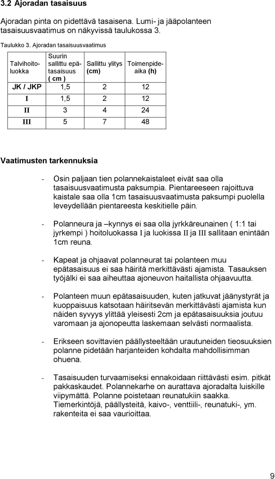 Osin paljaan tien polannekaistaleet eivät saa olla tasaisuusvaatimusta paksumpia.