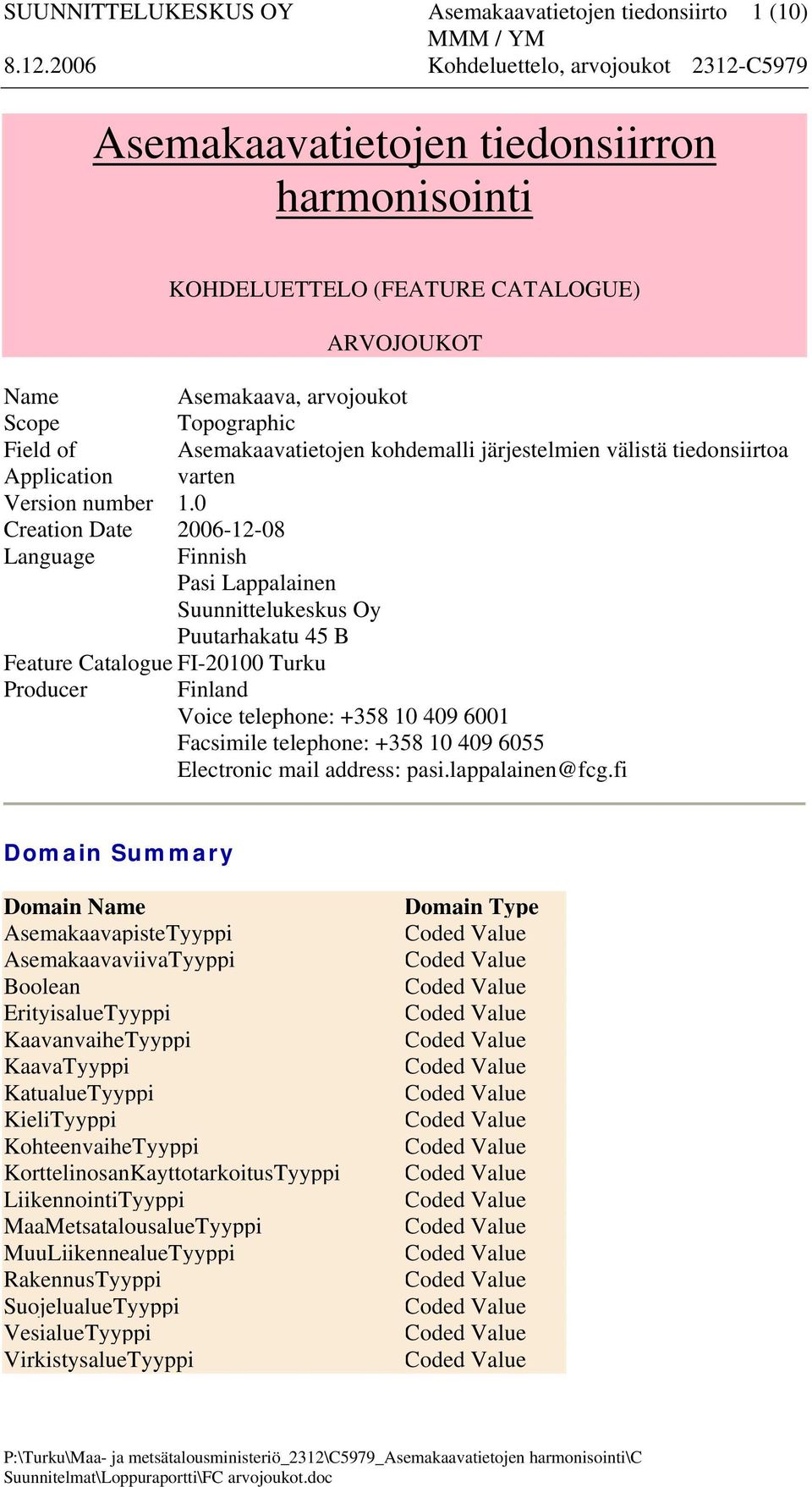 0 Creation Date 2006-12-08 Language Finnish Pasi Lappalainen Suunnittelukeskus Oy Puutarhakatu 45 B Feature Catalogue FI-20100 Turku Producer Finland Voice telephone: +358 10 409 6001 Facsimile