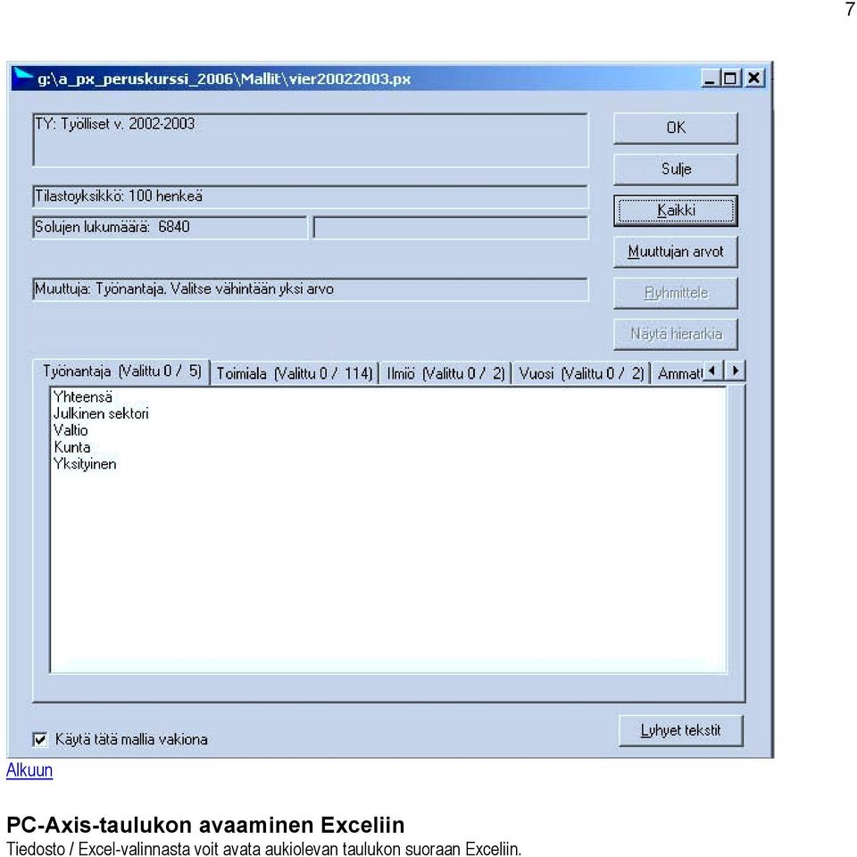 Excel-valinnasta voit avata