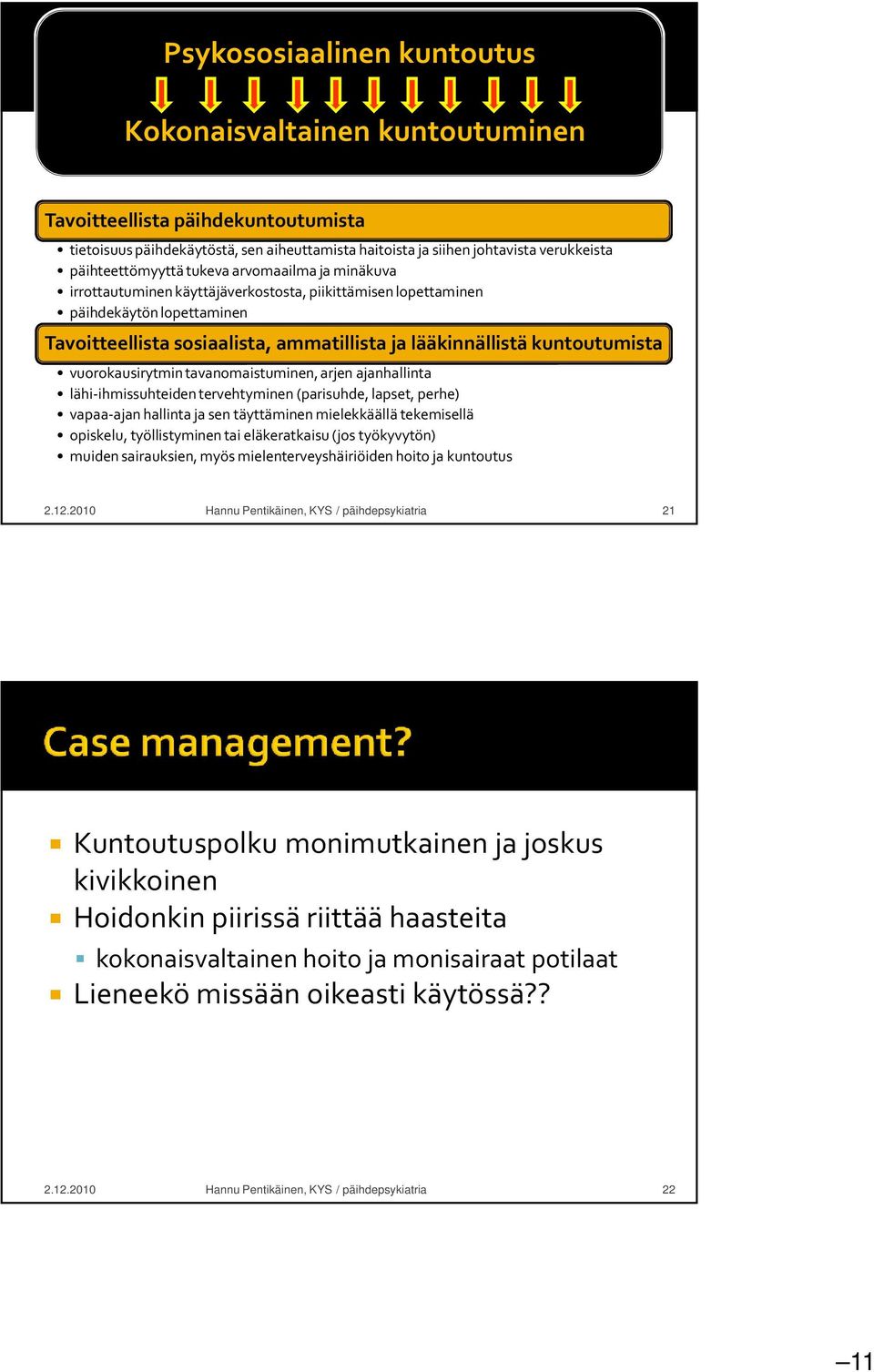 vuorokausirytmin tavanomaistuminen, arjen ajanhallinta lähi-ihmissuhteiden tervehtyminen (parisuhde, lapset, perhe) vapaa-ajan hallinta ja sen täyttäminen mielekkäällä tekemisellä opiskelu,