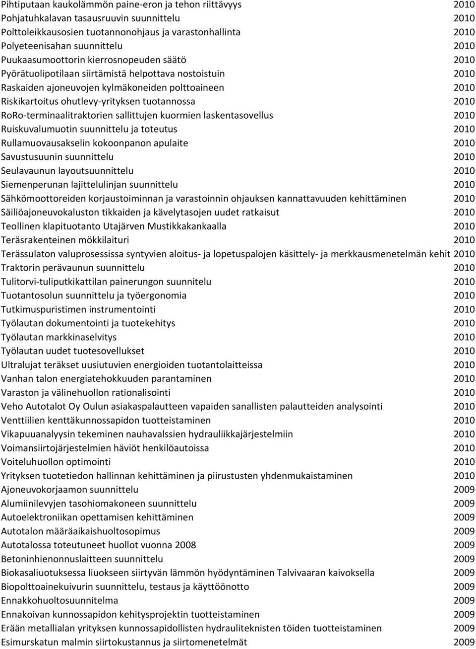 polttoaineen Vuosi 2010 Riskikartoitus ohutlevy-yrityksen tuotannossa Vuosi 2010 RoRo-terminaalitraktorien sallittujen kuormien laskentasovellus Vuosi 2010 Ruiskuvalumuotin suunnittelu ja toteutus