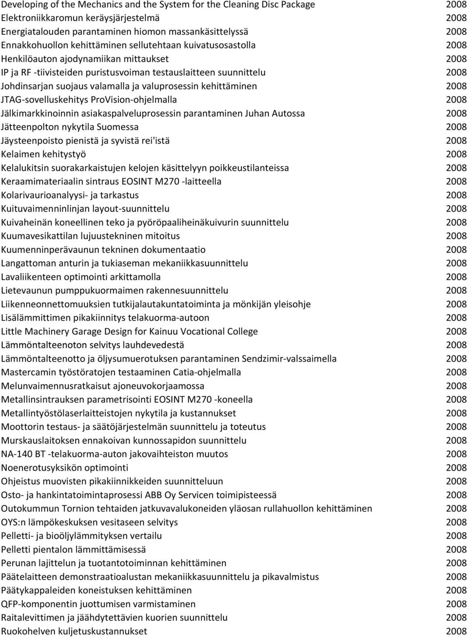 Johdinsarjan suojaus valamalla ja valuprosessin kehittäminen Vuosi 2008 JTAG-sovelluskehitys ProVision-ohjelmalla Vuosi 2008 Jälkimarkkinoinnin asiakaspalveluprosessin parantaminen Juhan Autossa