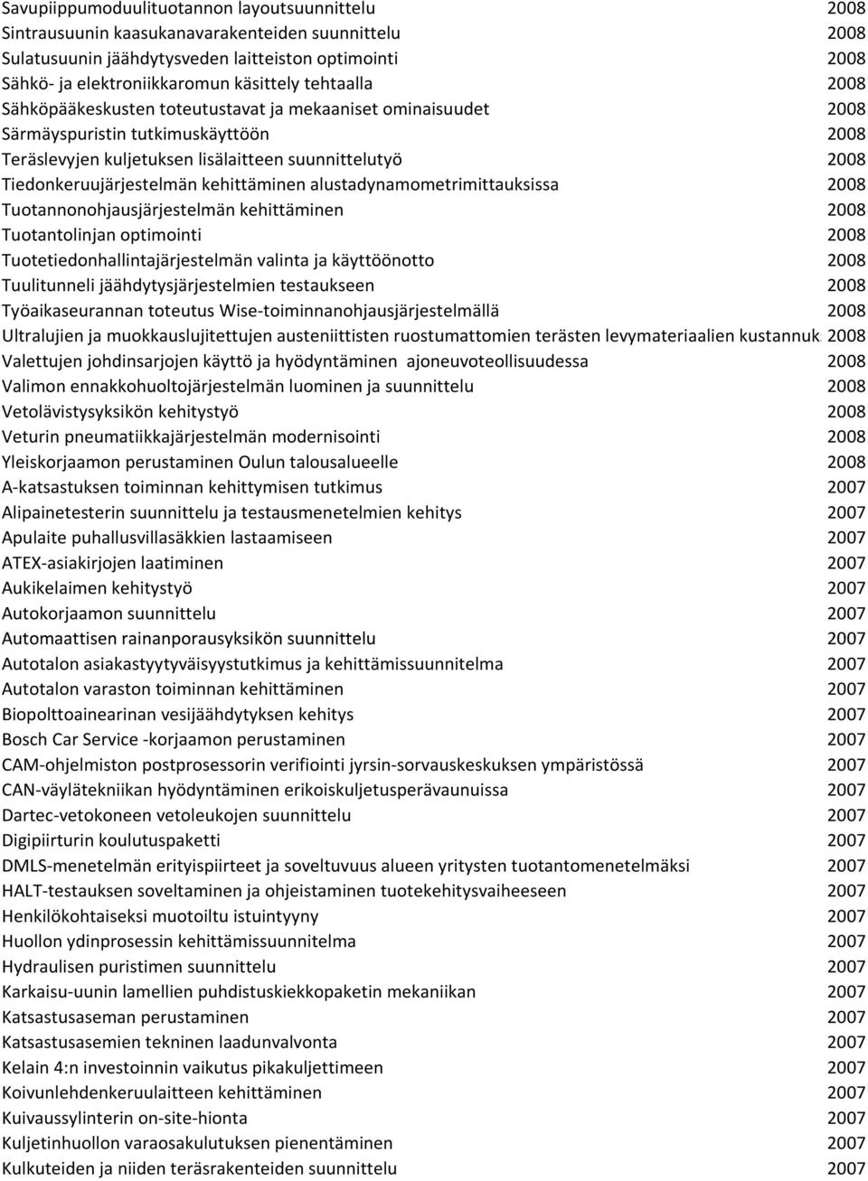 lisälaitteen suunnittelutyö Vuosi 2008 Tiedonkeruujärjestelmän kehittäminen alustadynamometrimittauksissa Vuosi 2008 Tuotannonohjausjärjestelmän kehittäminen Vuosi 2008 Tuotantolinjan optimointi