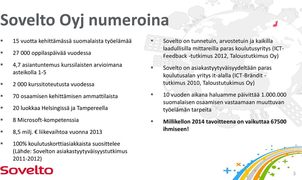 liikevaihtoa vuonna 2013 Sovelto on tunnetuin, arvostetuin ja kaikilla laadullisilla mittareilla paras koulutusyritys (ICT- Feedback -tutkimus 2012, Taloustutkimus Oy) Sovelto on