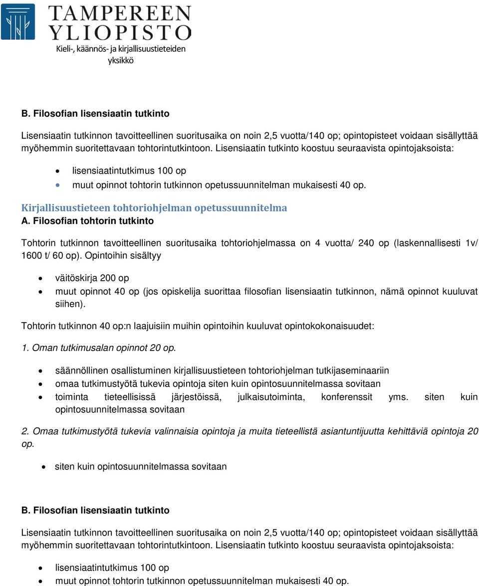 Kirjallisuustieteen tohtoriohjelman opetussuunnitelma A.