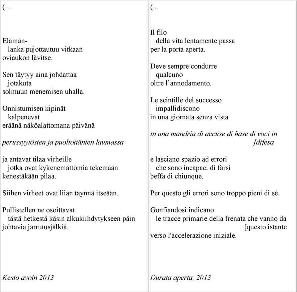 Siihen virheet ovat liian täynnä itseään. Pullistellen ne osoittavat tästä hetkestä käsin alkukiihdytykseen päin johtavia jarrutusjälkiä. Il filo della vita lentamente passa per la porta aperta.