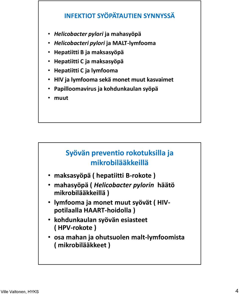 ja mikrobilääkkeillä maksasyöpä ( hepatiitti B-rokote ) mahasyöpä ( Helicobacter pylorin häätö mikrobilääkkeillä ) lymfooma ja monet muut syövät (