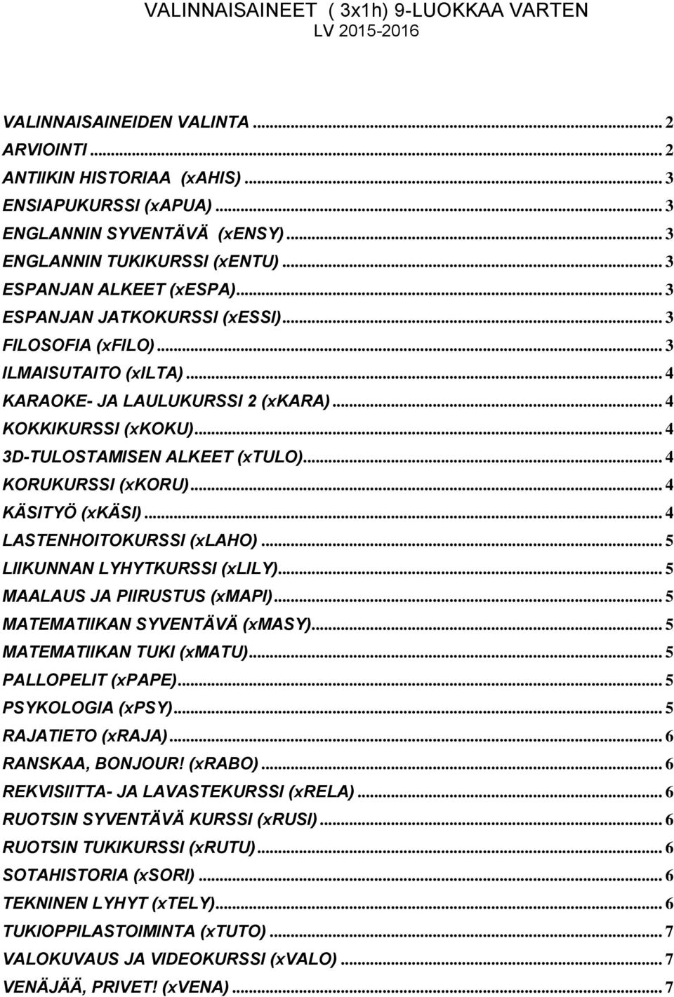 .. 4 KOKKIKURSSI (xkoku)... 4 3D-TULOSTAMISEN ALKEET (xtulo)... 4 KORUKURSSI (xkoru)... 4 KÄSITYÖ (xkäsi)... 4 LASTENHOITOKURSSI (xlaho)... 5 LIIKUNNAN LYHYTKURSSI (xlily).
