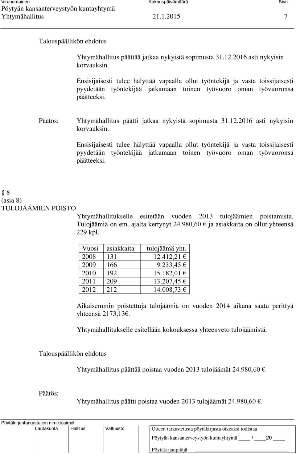 Yhtymähallitus päätti jatkaa nykyistä sopimusta 31.12.2016 asti nykyisin korvauksin.  8 (asia 8) TULOJÄÄMIEN POISTO Yhtymähallitukselle esitetään vuoden 2013 tulojäämien poistamista. Tulojäämiä on em.