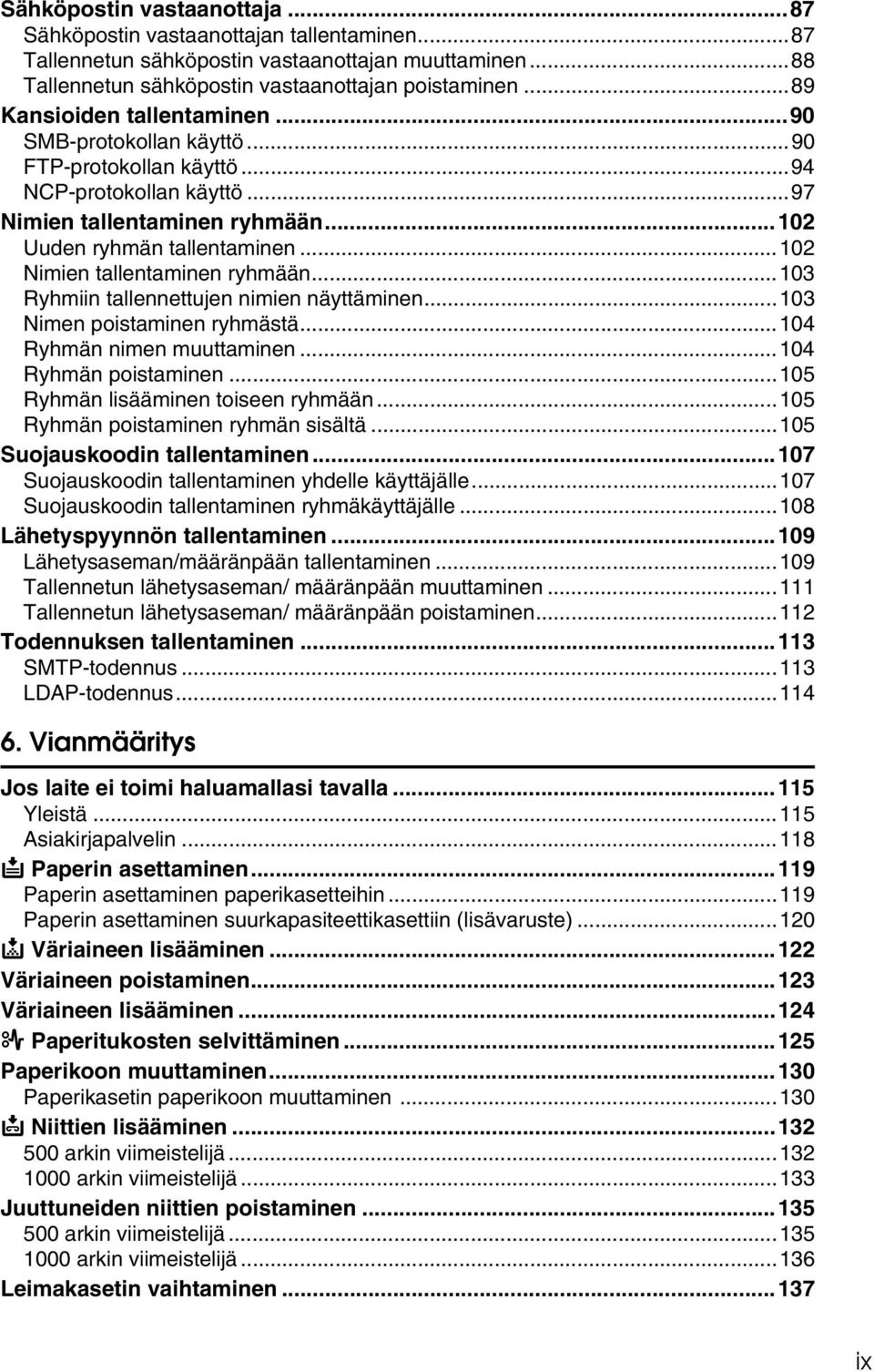 ..102 Nimien tallentaminen ryhmään...103 Ryhmiin tallennettujen nimien näyttäminen...103 Nimen poistaminen ryhmästä...104 Ryhmän nimen muuttaminen...104 Ryhmän poistaminen.