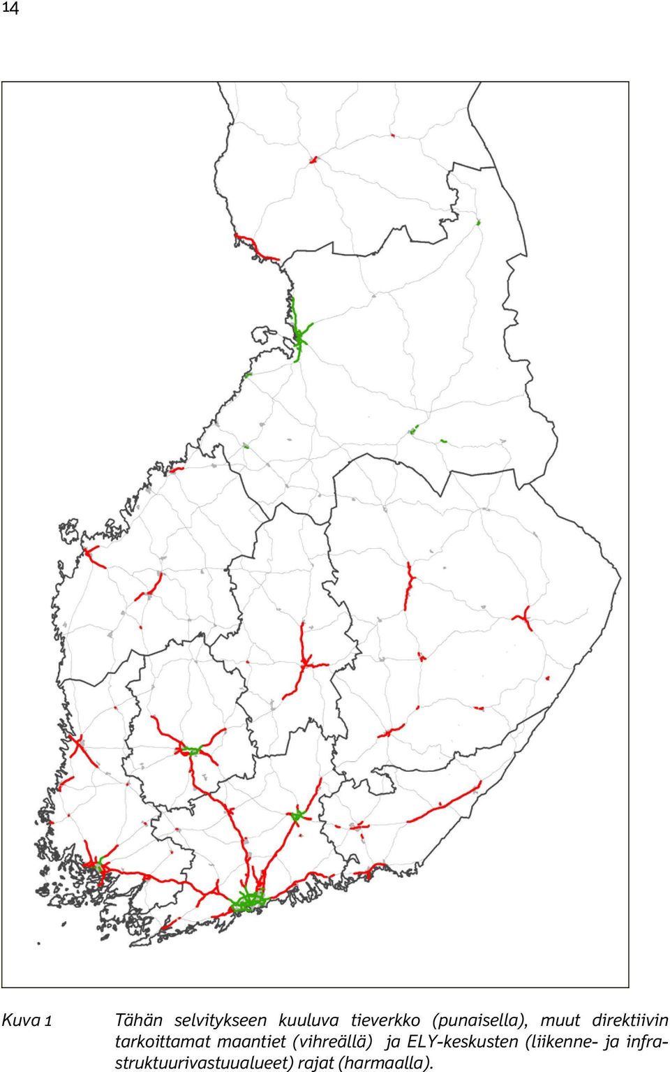 maantiet (vihreällä) ja ELY-keskusten
