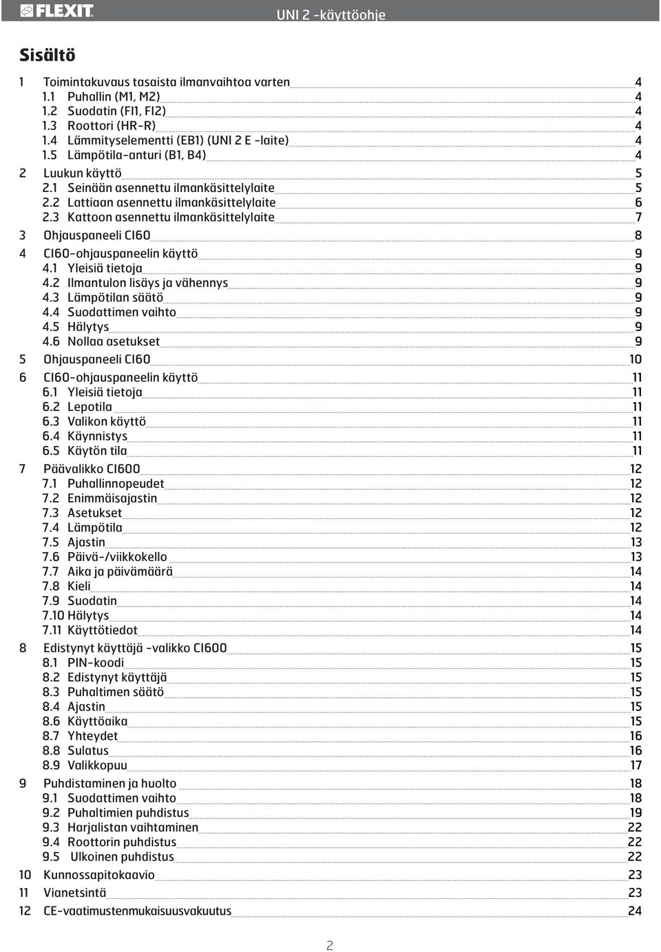 3 Kattoon asennettu ilmankäsittelylaite 7 3 Ohjauspaneeli CI60 8 4 CI60-ohjauspaneelin käyttö 9 4.1 Yleisiä tietoja 9 4.2 Ilmantulon lisäys ja vähennys 9 4.3 Lämpötilan säätö 9 4.