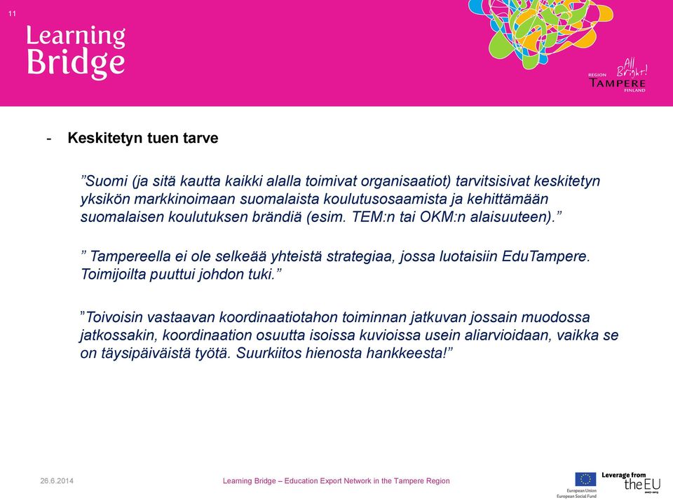 Tampereella ei ole selkeää yhteistä strategiaa, jossa luotaisiin EduTampere. Toimijoilta puuttui johdon tuki.