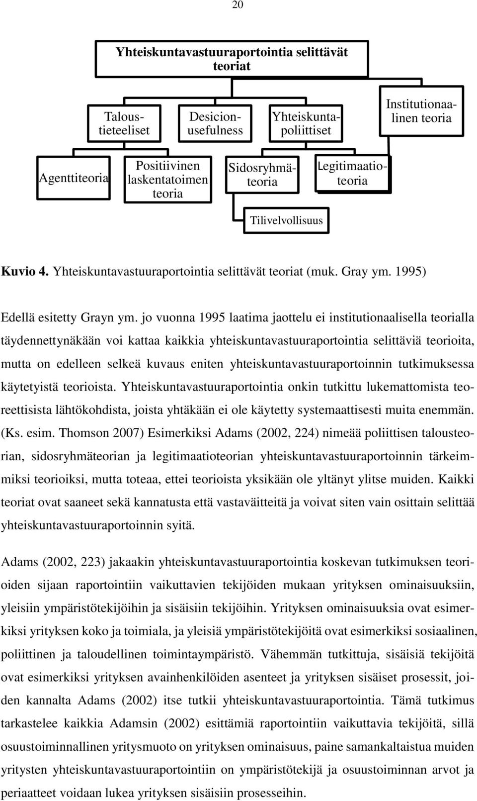 jo vuonna 1995 laatima jaottelu ei institutionaalisella teorialla täydennettynäkään voi kattaa kaikkia yhteiskuntavastuuraportointia selittäviä teorioita, mutta on edelleen selkeä kuvaus eniten