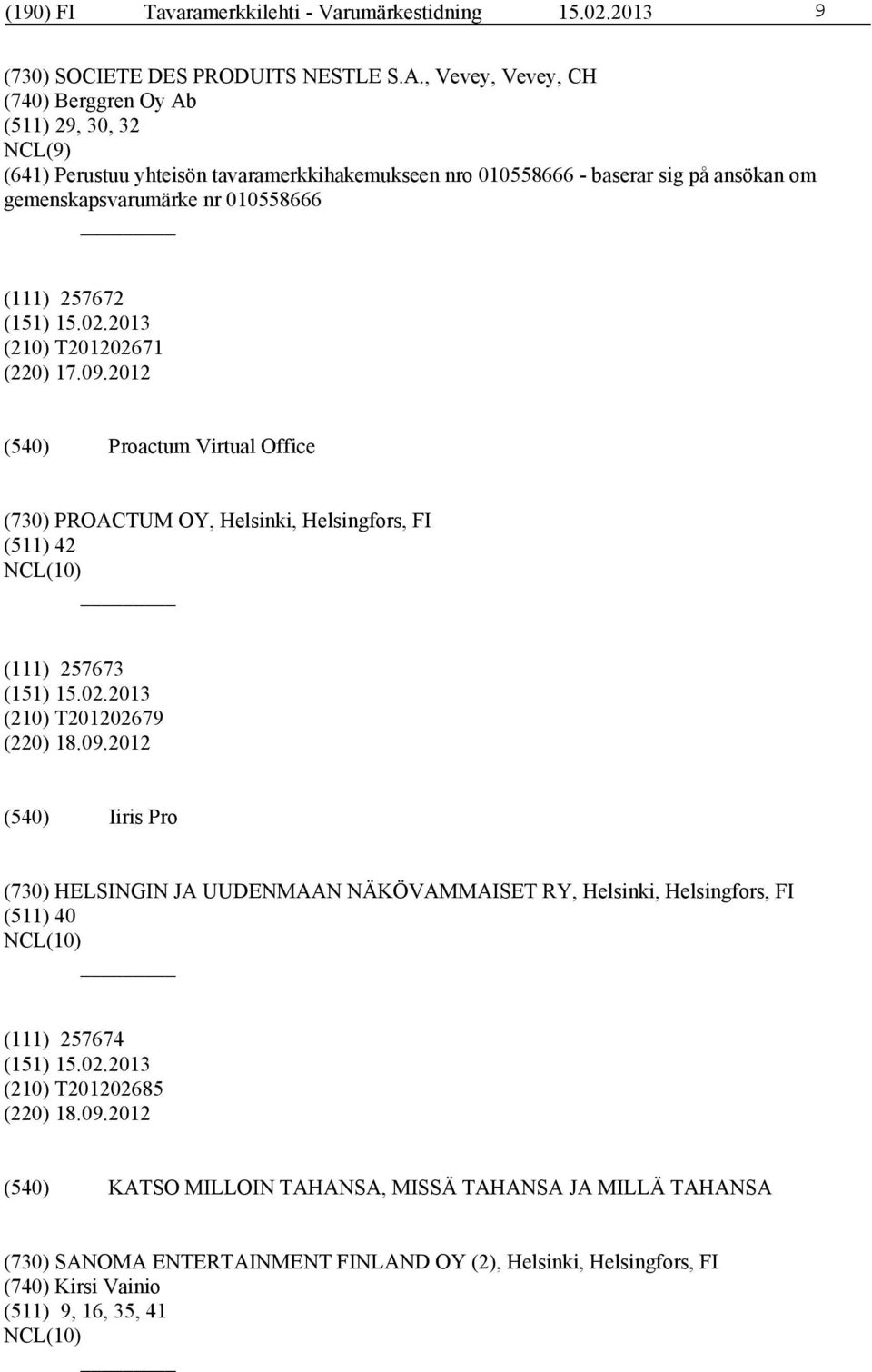 257672 (210) T201202671 (220) 17.09.2012 Proactum Virtual Office (730) PROACTUM OY, Helsinki, Helsingfors, FI (511) 42 (111) 257673 (210) T201202679 (220) 18.09.2012 Iiris Pro (730) HELSINGIN JA UUDENMAAN NÄKÖVAMMAISET RY, Helsinki, Helsingfors, FI (511) 40 (111) 257674 (210) T201202685 (220) 18.