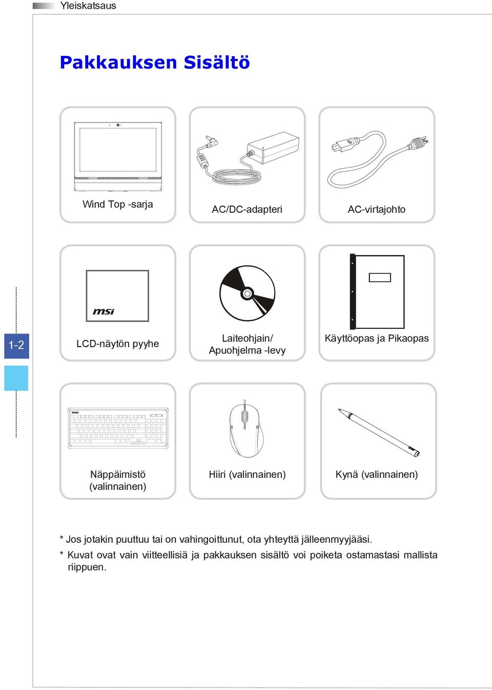 (valinnainen) Kynä (valinnainen) * Jos jotakin puuttuu tai on vahingoittunut, ota yhteyttä