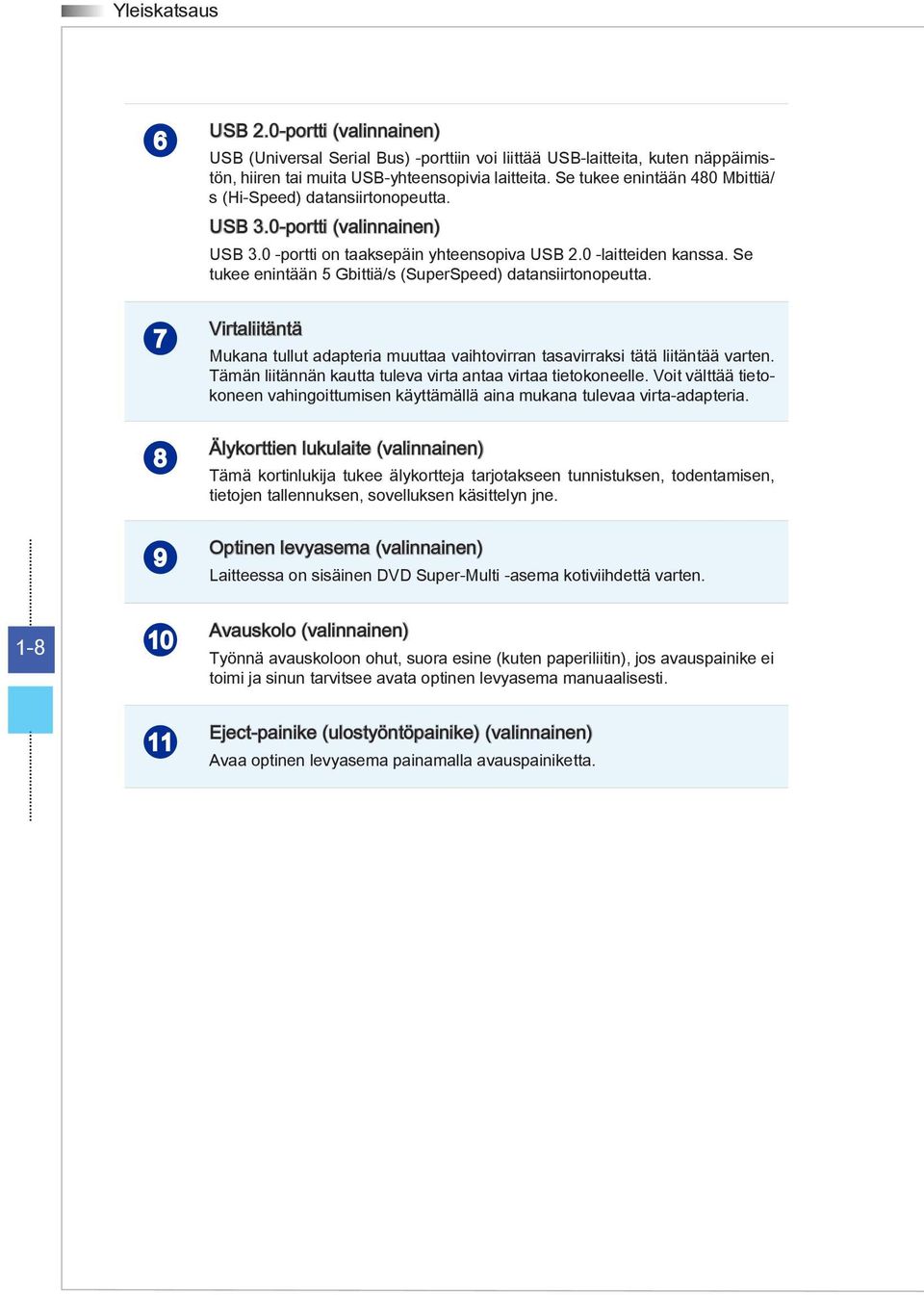 Se tukee enintään 5 Gbittiä/s (SuperSpeed) datansiirtonopeutta. Virtaliitäntä Mukana tullut adapteria muuttaa vaihtovirran tasavirraksi tätä liitäntää varten.