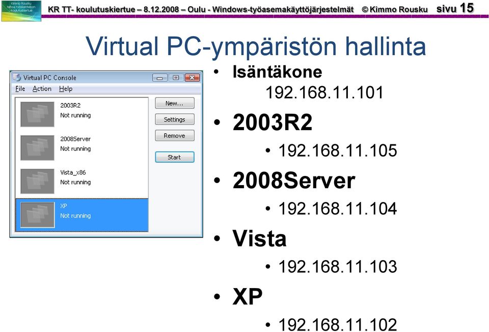 sivu 15 Virtual PC-ympäristön hallinta Isäntäkone 192.168.