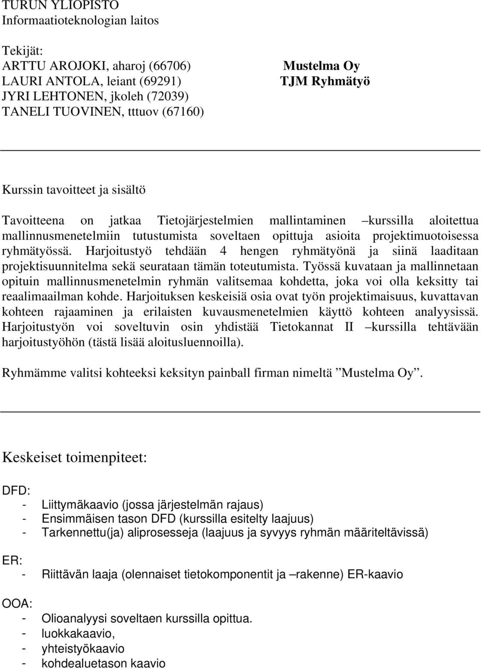 ryhmätyössä. Harjoitustyö tehdään 4 hengen ryhmätyönä ja siinä laaditaan projektisuunnitelma sekä seurataan tämän toteutumista.