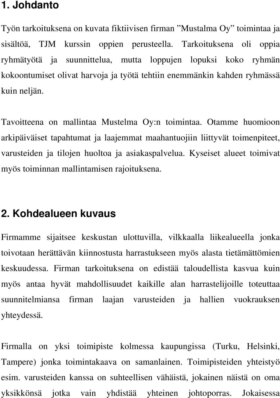 Tavoitteena on mallintaa Mustelma Oy:n toimintaa. Otamme huomioon arkipäiväiset tapahtumat ja laajemmat maahantuojiin liittyvät toimenpiteet, varusteiden ja tilojen huoltoa ja asiakaspalvelua.