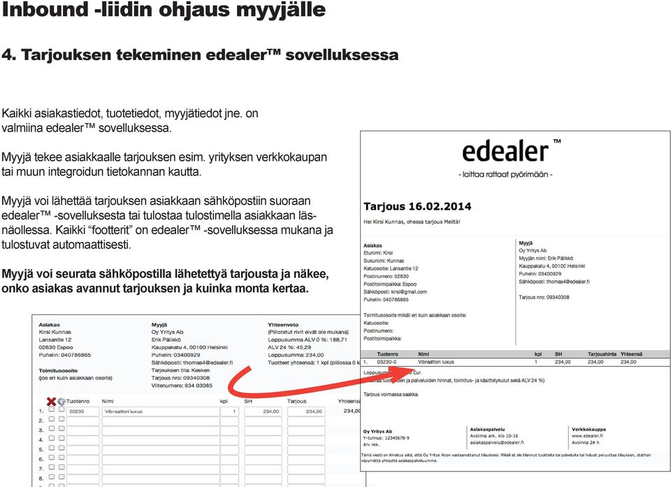 Myyjä voi lähettää tarjouksen asiakkaan sähköpostiin suoraan edealer -sovelluksesta tai tulostaa tulostimella asiakkaan läsnäollessa.