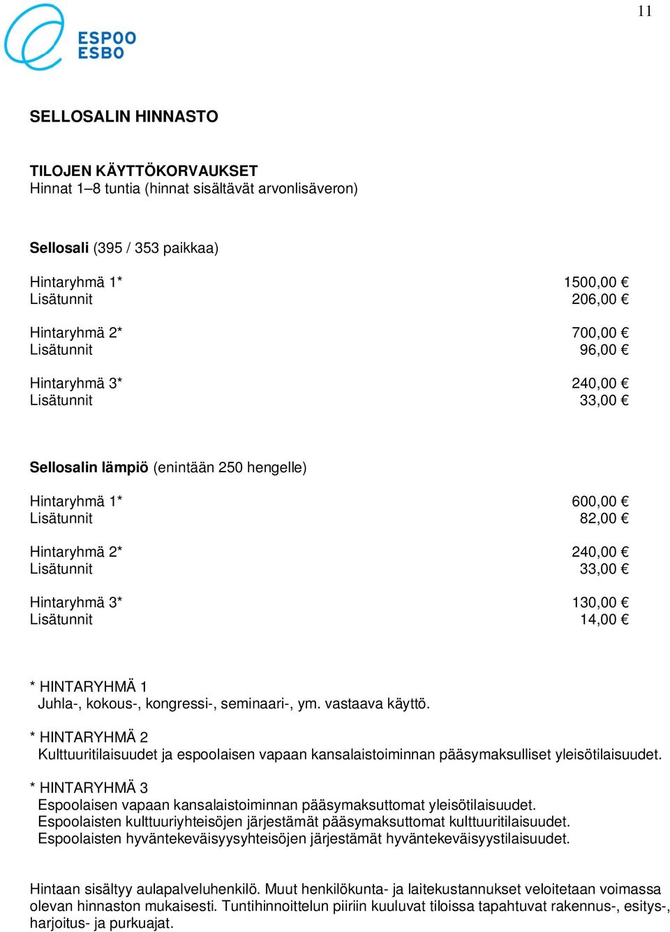 kokous-, kongressi-, seminaari-, ym. vastaava käyttö. * HINTARYHMÄ 2 Kulttuuritilaisuudet ja espoolaisen vapaan kansalaistoiminnan pääsymaksulliset yleisötilaisuudet.