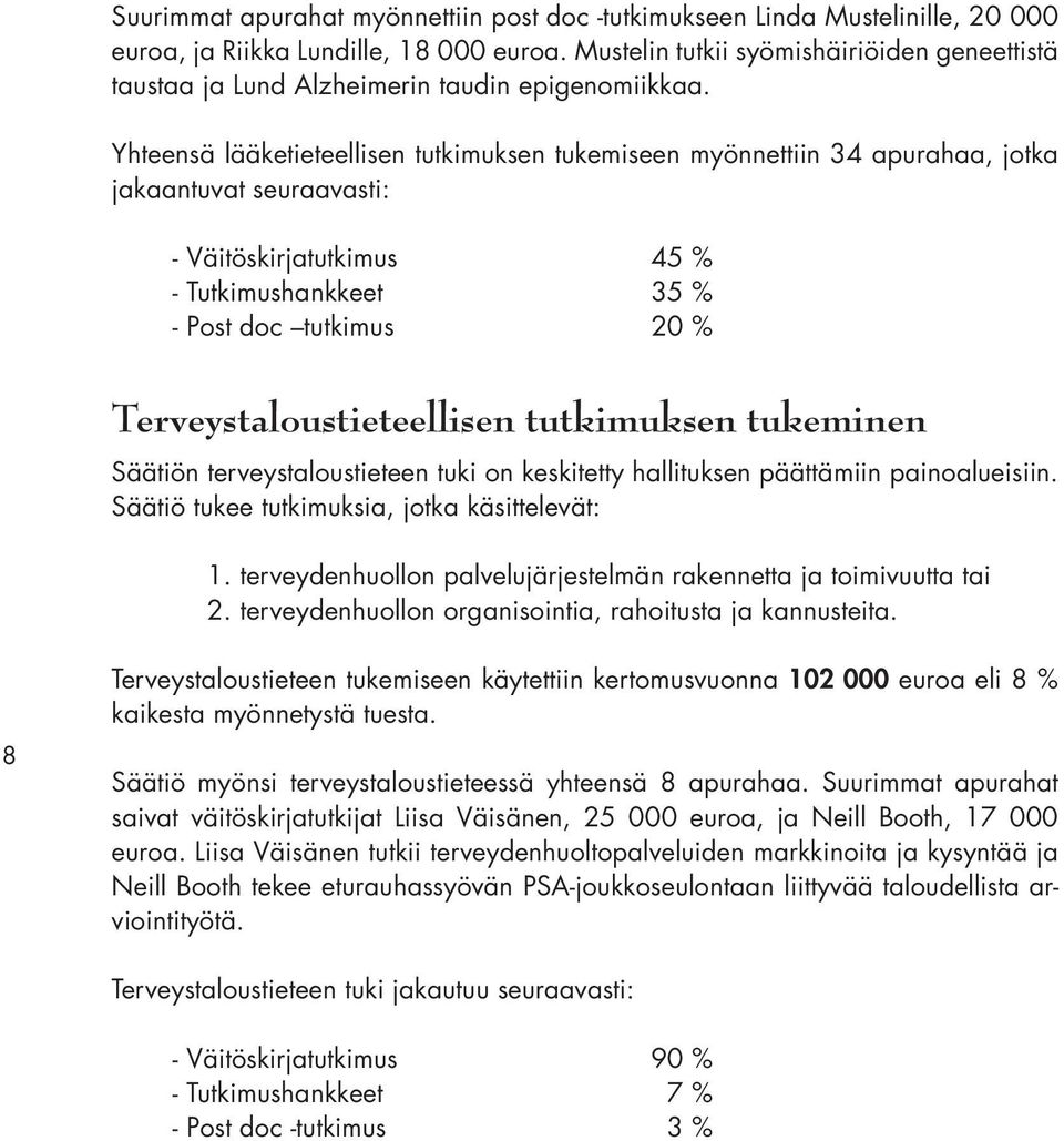 Yhteensä lääketieteellisen tutkimuksen tukemiseen myönnettiin 34 apurahaa, jotka jakaantuvat seuraavasti: - Väitöskirjatutkimus 45 % - Tutkimushankkeet 35 % - Post doc tutkimus 20 %