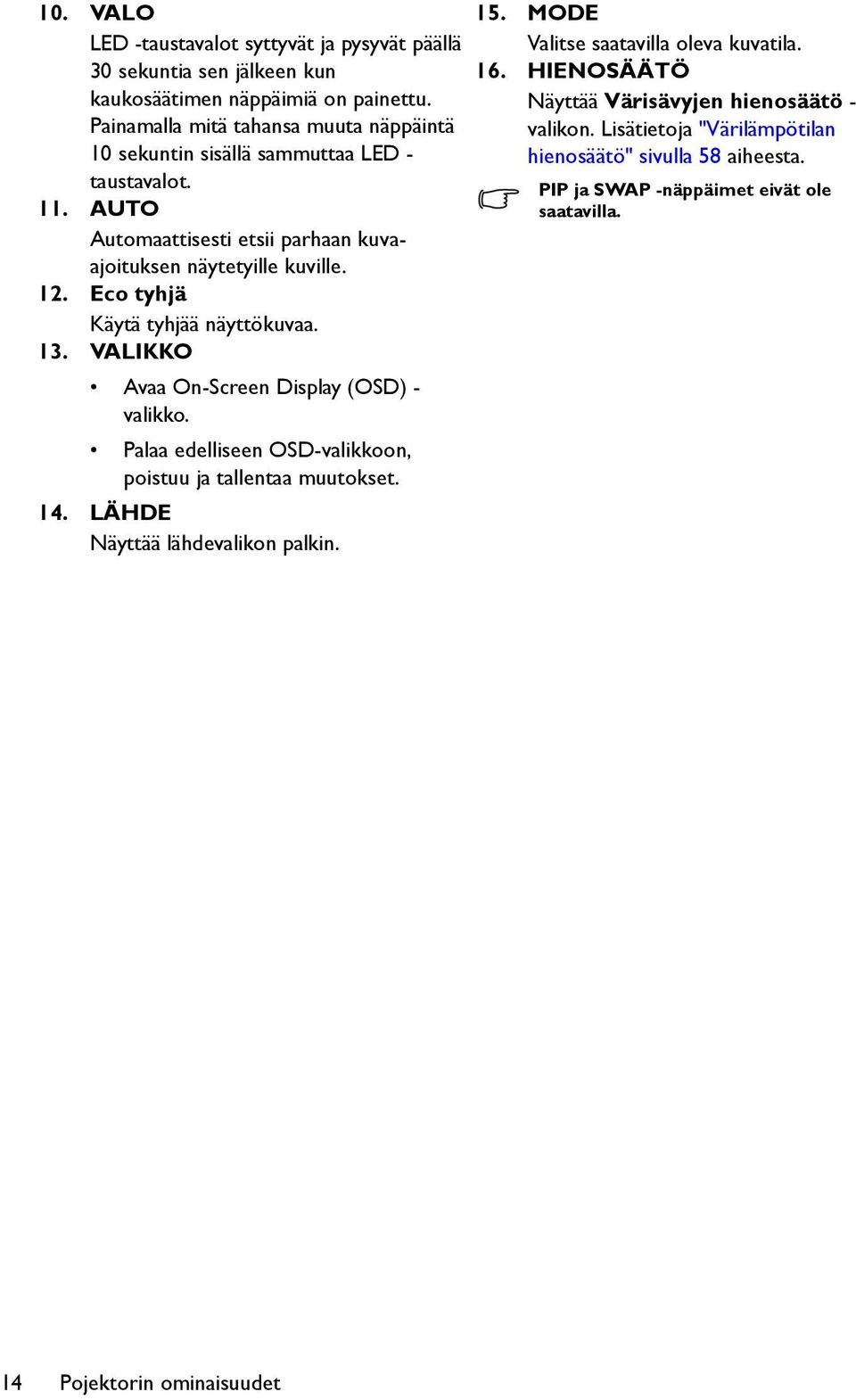 Eco tyhjä Käytä tyhjää näyttökuvaa. 13. VALIKKO Avaa On-Screen Display (OSD) - valikko. Palaa edelliseen OSD-valikkoon, poistuu ja tallentaa muutokset. 14.
