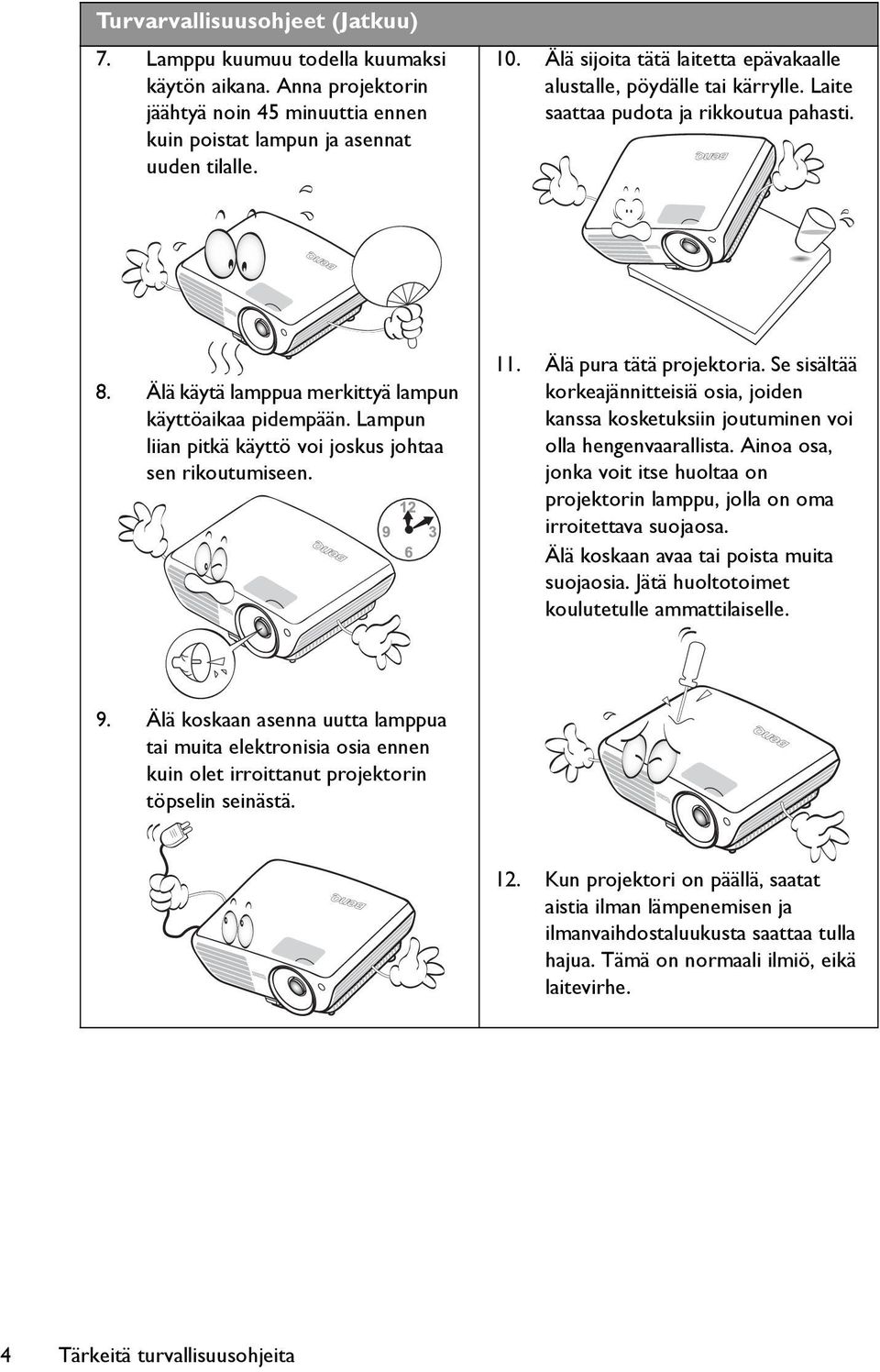 Lampun liian pitkä käyttö voi joskus johtaa sen rikoutumiseen. 11. Älä pura tätä projektoria. Se sisältää korkeajännitteisiä osia, joiden kanssa kosketuksiin joutuminen voi olla hengenvaarallista.