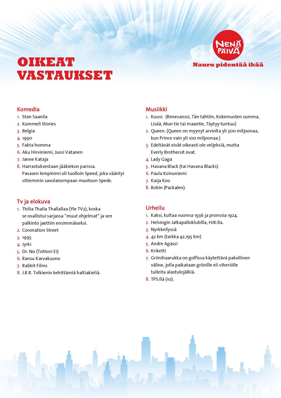 Thilia Thalia Thallallaa (Yle TV), koska se osallistui sarjassa muut ohjelmat ja sen palkinto jaettiin ensimmäiseksi.. Coronation Street. 99. Jyrki. Dr. No (Tohtori Ei). Ransu Karvakuono.