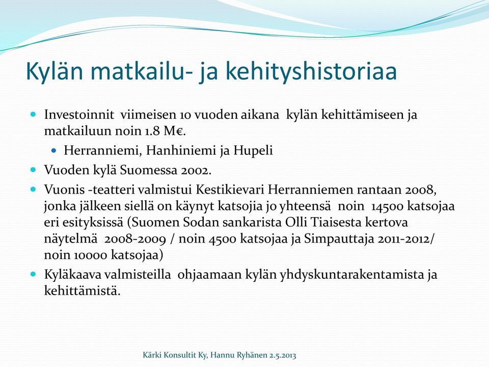 Vuonis -teatteri valmistui Kestikievari Herranniemen rantaan 2008, jonka jälkeen siellä on käynyt katsojia jo yhteensä noin 14500