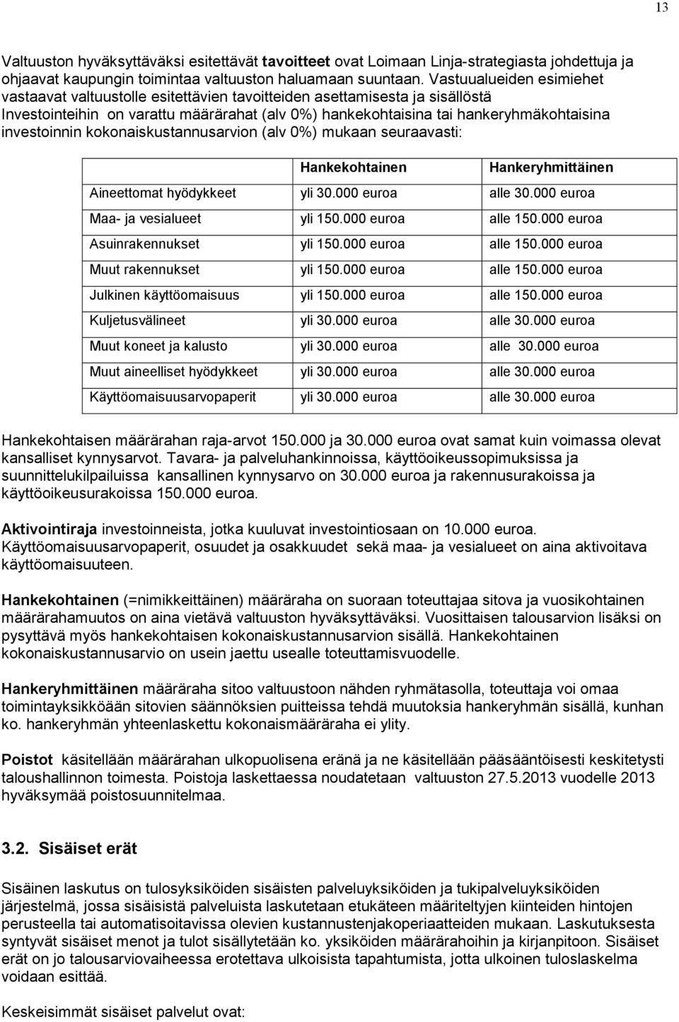 investoinnin kokonaiskustannusarvion (alv 0%) mukaan seuraavasti: Hankekohtainen Hankeryhmittäinen Aineettomat hyödykkeet yli 30.000 euroa alle 30.000 euroa Maa- ja vesialueet yli 150.