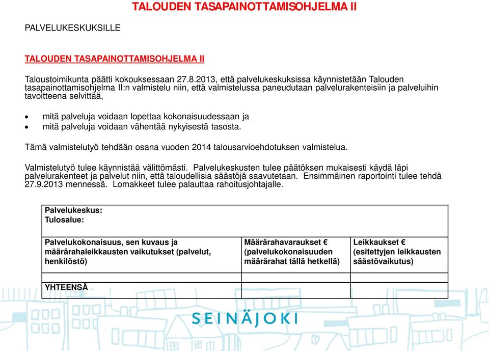 palveluja voidaan lopettaa kokonaisuudessaan ja mitä palveluja voidaan vähentää nykyisestä tasosta. Tämä valmistelutyö tehdään osana vuoden 2014 talousarvioehdotuksen valmistelua.