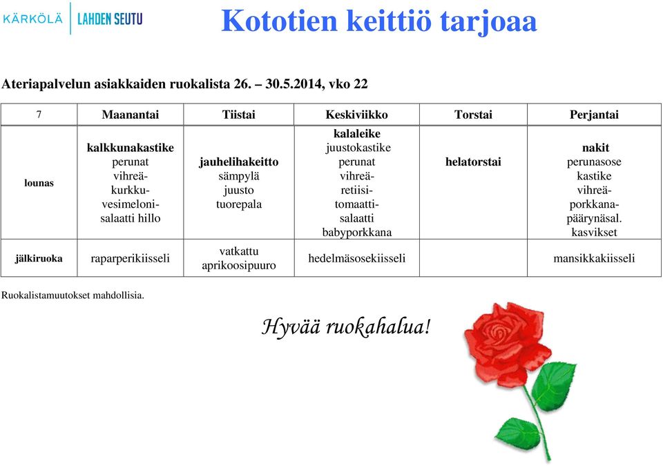 vihreäkurkkuvesimelonisalaatti hillo raparperikiisseli jauhelihakeitto sämpylä tuorepala vatkattu aprikoosipuuro