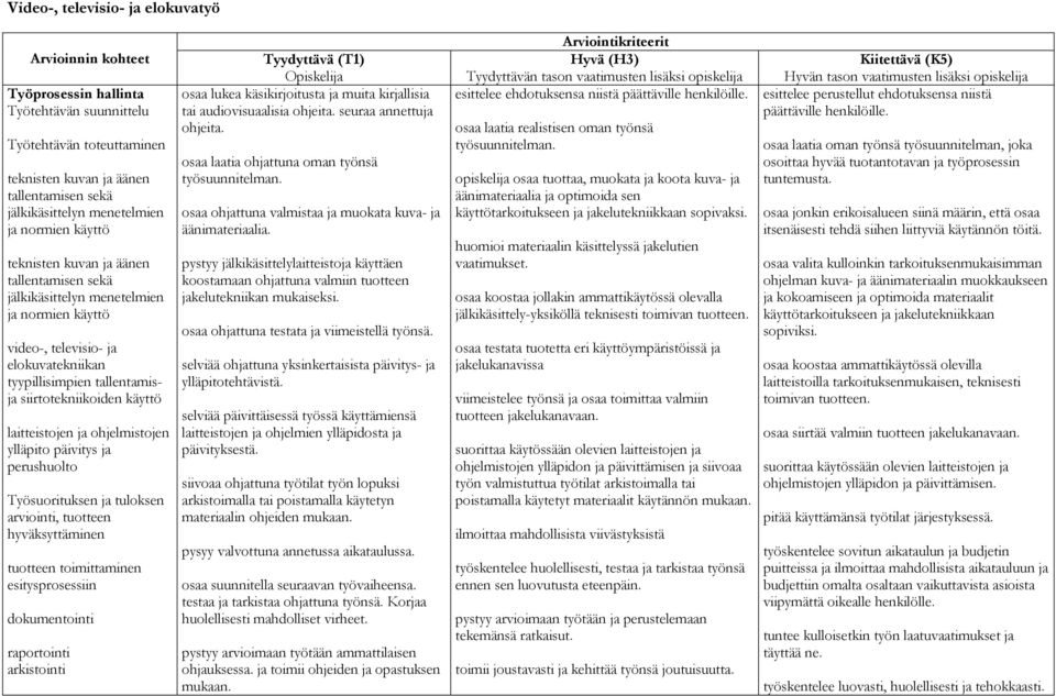 laitteistojen ja ohjelmistojen ylläpito päivitys ja perushuolto Työsuorituksen ja tuloksen arviointi, tuotteen hyväksyttäminen tuotteen toimittaminen esitysprosessiin dokumentointi raportointi